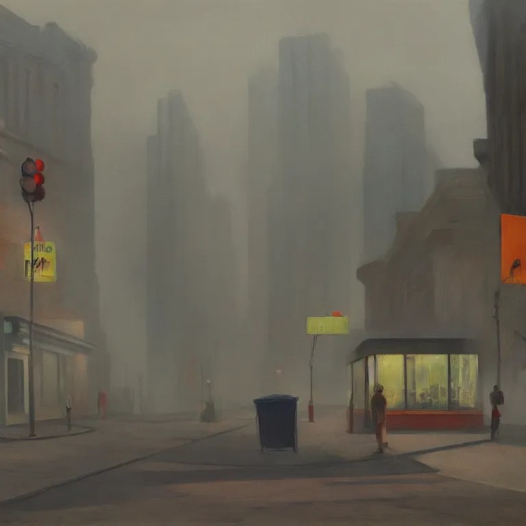 Image similar to trash flowing everywhere, piles of trash, fog, early morning, , painted by Edward Hopper, painted by Wayne Barlow, airbrush