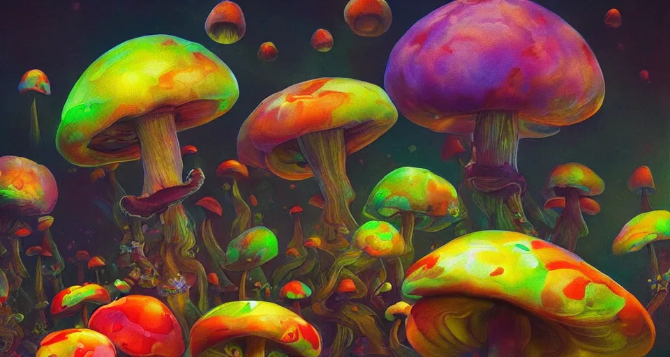 Image similar to a beautiful painting of trippy mushrooms by Tokio Aoyama, Mario Martinez, David Normal. photorealistic, trending on artstation, dramatic lighting, 8K, fantasy beautiful, surreal, cinematic.