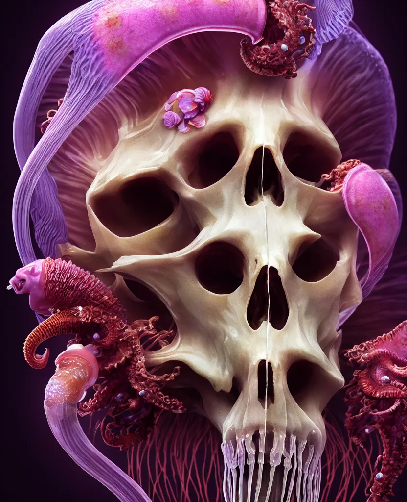 Image similar to goddess close-up portrait ram skull. jellyfish phoenix head, nautilus, orchid, skull, betta fish, bioluminiscent creatures, intricate artwork by Tooth Wu and wlop and beeple. octane render, trending on artstation, greg rutkowski very coherent symmetrical artwork. cinematic, hyper realism, high detail, octane render, 8k