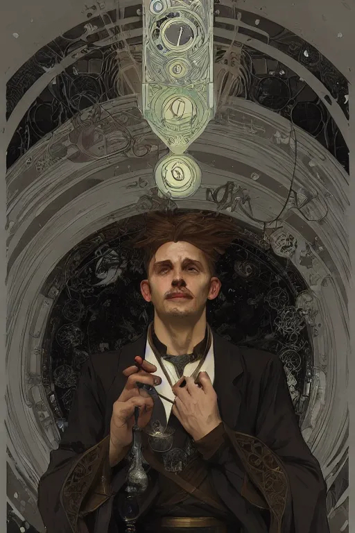 Image similar to portrait of an alchemist in a magic laboratory, by greg rutkowski and alphonse mucha, d & d character, gradient black to silver, medevial interior background, highly detailed portrait, digital painting, artstation, concept art, smooth, sharp focus ilustration, artstation hq