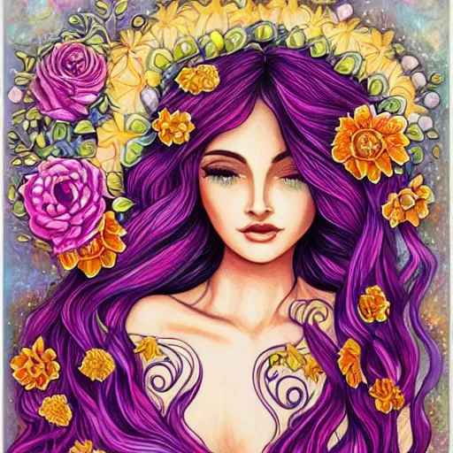 Image similar to portrait of beautiful woman by jeremiah ketner, detailed, textured hair, flowers