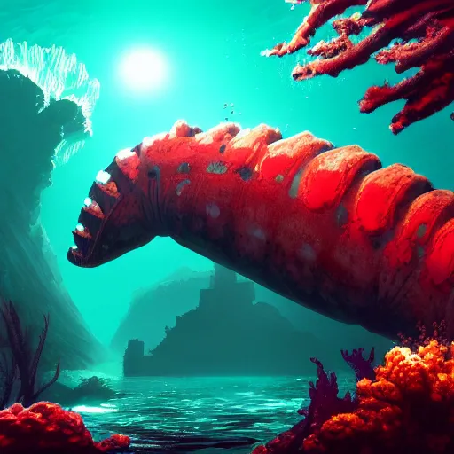 Prompt: underwater view of a strange alien world, some washed out red and green plant life, giant leviathan swimming far in the background, sci-fi underwater base, deep blue sea color, artstation