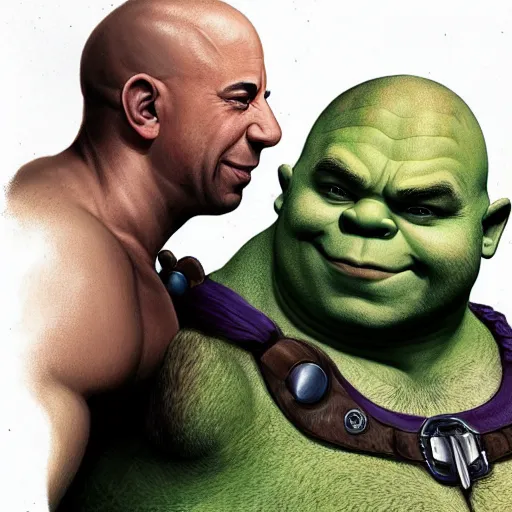 Image similar to Vin Diesel Shakes hands with Shrek, intricate, stunning, highly detailed, digital painting, artstation, concept art, smooth, sharp, focus, illustration, art by artgerm and greg rutkowski and alphonse mucha