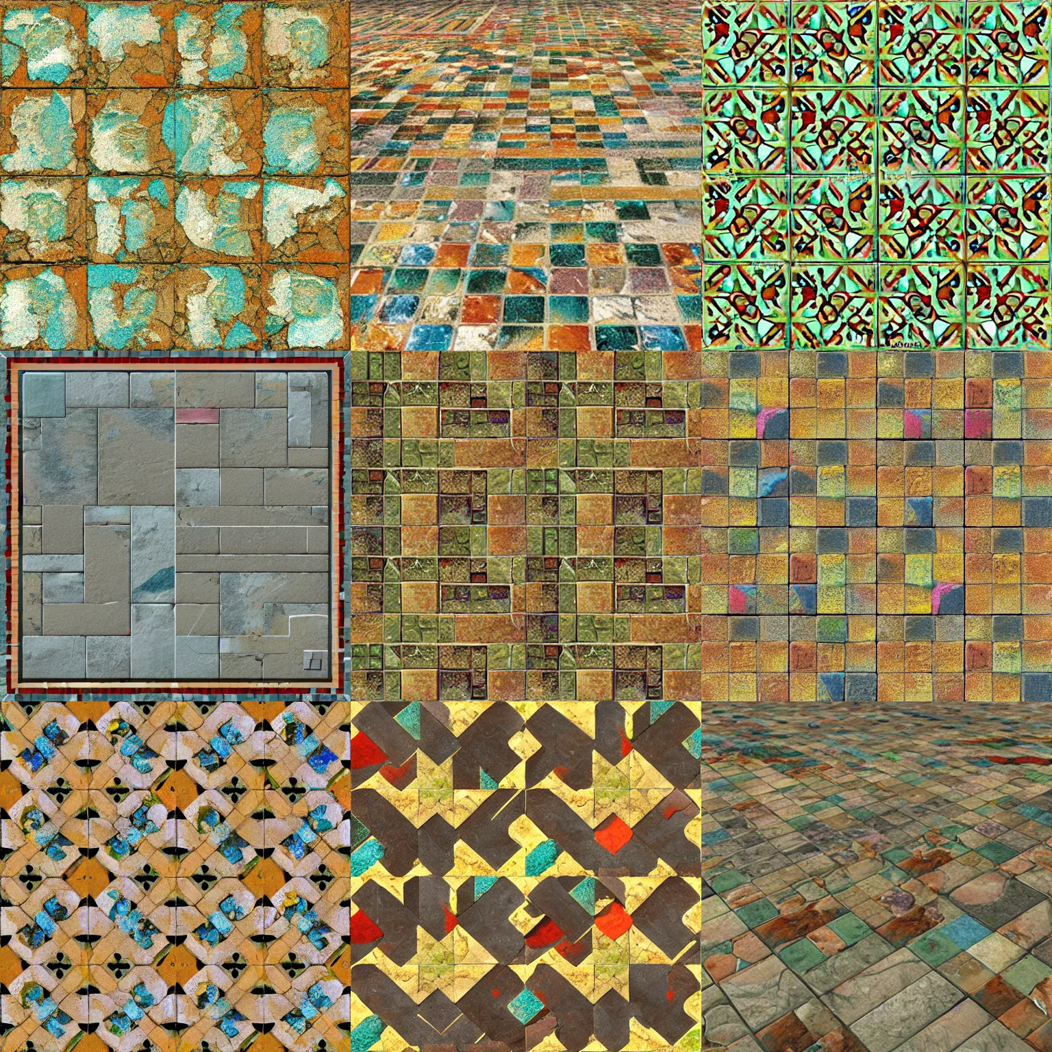 Prompt: Colorful stone tiled floor texture by Craig Mullins, video game asset