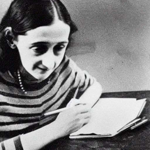 Image similar to Photograph of Anne frank writing in her diary in the attic