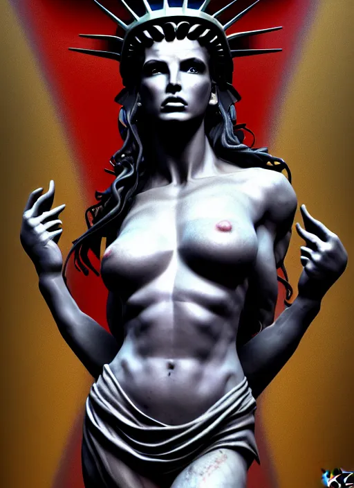 Image similar to julie strain is the statue of liberty, au naturel, hyper detailed, digital art, trending in artstation, cinematic lighting, studio quality, smooth render, unreal engine 5 rendered, octane rendered, art style by klimt and nixeu and ian sprigger and wlop and krenz cushart.