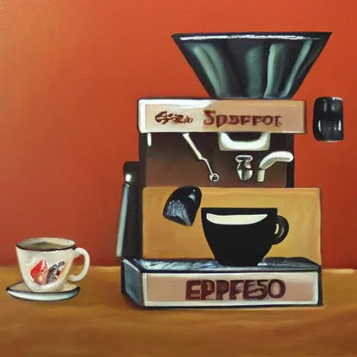 Image similar to a painting of demon espresso machine that makes coffee from human souls
