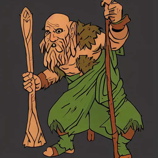 Prompt: A Half-orc Druid holding a wooden staff, holding a wooden staff, Mike Mignola