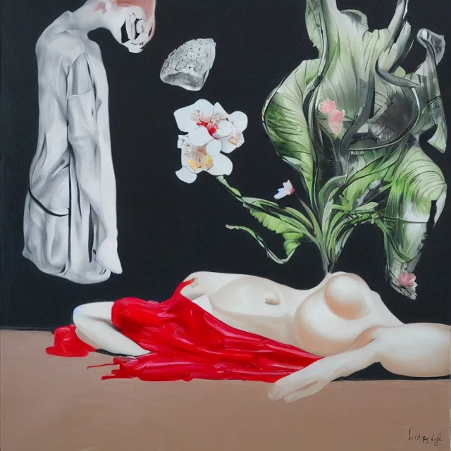 Image similar to empty room with black walls, sensual portrait of a woman sleeping, japanese vase, white flowers, puddle of water, octopus, squashed berries, neo - expressionism, surrealism, acrylic and spray paint and oilstick on canvas