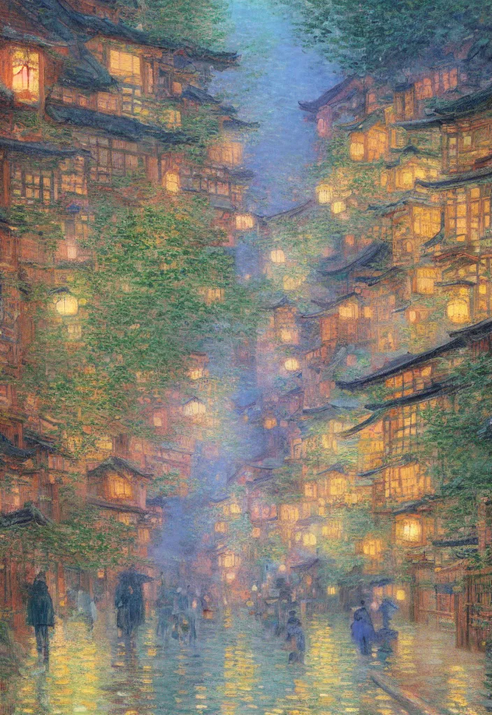 Image similar to a beautiful japanese city in the mountain, amazing ryokans and gorgeous edo era houses, epic cyberpunk, lofi vibe, colorful, vivide colors, amazing light, really beautiful nature, oil painting in impressionist style, by jeremy lipkin, by claude monet, by makoto shinkai, kandinsky touches, multiple brush strokes, inspired by ghibli, masterpiece, beautiful