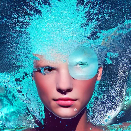 Image similar to water artwork manipulation in the shape of a beautiful human female head, on the ocean water, futuristic, glowing, gradient, hyper realistic, ray tracing, realistic water, sharp focus, long shot, 8 k resolution, cinematic, photoshop water art