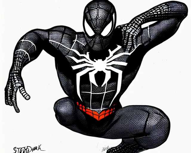 Image similar to photorealistic sketch of black spider - man with gold webbing by steve ditko