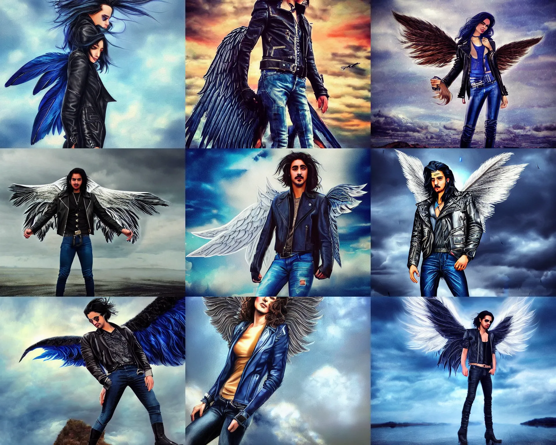 Prompt: angel avan jogia with blue-indigo-feather wings. Leather jacket, boots and jeans. Flying in a stormy sky. Distant full body shot. Artwork by artgerm