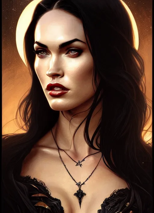 Prompt: portrait of megan fox as a vampire queen, jewelry, greek, black, intricate, headshot, highly detailed, digital painting, artstation, concept art, sharp focus, cinematic lighting, illustration, art by artgerm and greg rutkowski, alphonse mucha, cgsociety