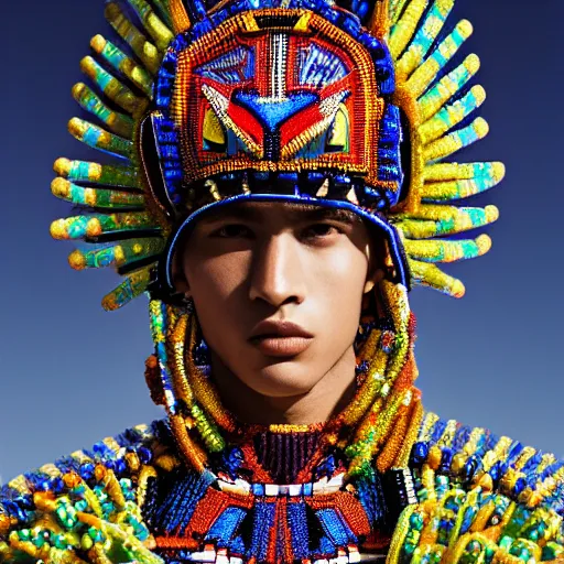 Prompt: a portrait of a beautiful young male wearing an alexander mcqueen armor made of huichol beads , photographed by andrew thomas huang, artistic