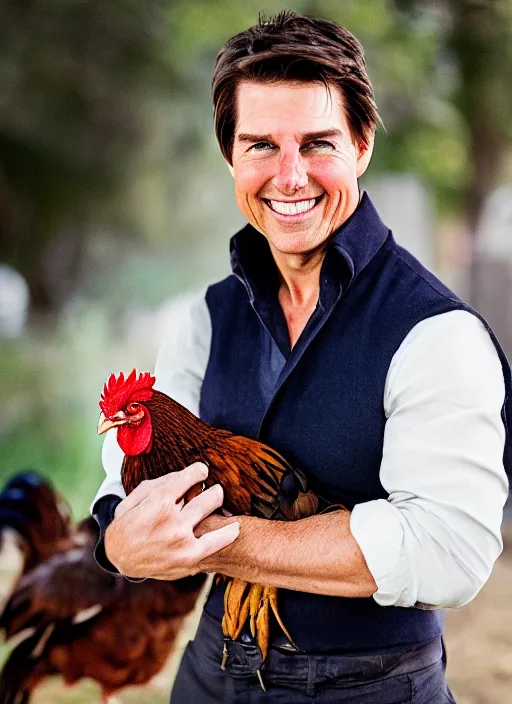 Image similar to a professional photo of tom cruise holding a rooster, f / 1. 4, 9 0 mm