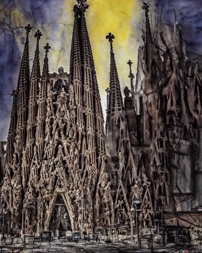 Image similar to abandoned streets, La Sagrada Familia, post-apocalyptic painting, cosmic horror