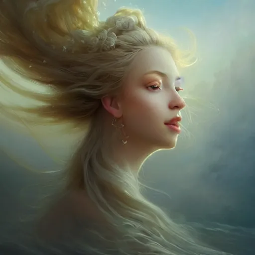 Image similar to epic portrait an beautiful goddess with long blonde flowing hair full off flowers, sweaty skin, glossy lips, beautiful, broad light, ambient occlusion, volumetric light effect, made by ivan aivazovsky, peter mohrbacher, greg rutkowski, matte painting, trending on artstation, 4 k, perfectly defined features, digital painting,