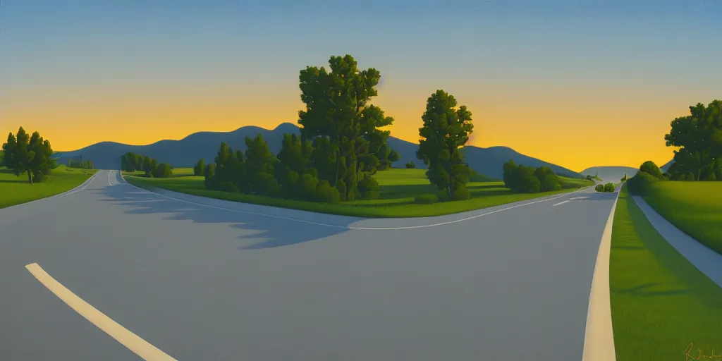 Prompt: the highway, blue sky, summer evening, kenton nelson