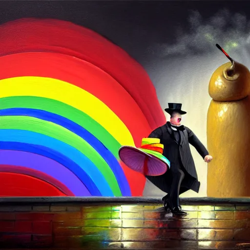 Prompt: 3 d concept art, realistic, of a excessively rotund man juggling twinkies, cycling upon a tight rope in the rain, at night, in a top hat and suit, holding a rainbow umbrella, oil painting, knife palette, with a jolly expression, misty, cobblestone background, victorian, masters painting