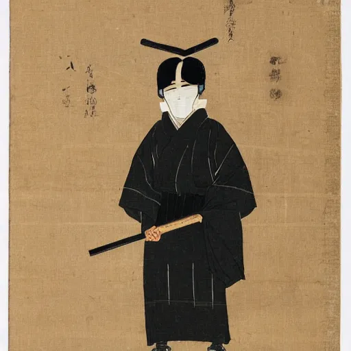 Image similar to young man wearing black medical mask, style of katsushika oi