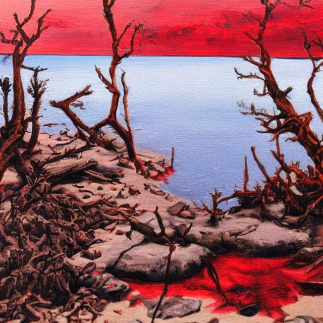 Image similar to bloody red lake with skull shaped pebbles on the shore surrounded by spikey trees, oil painting