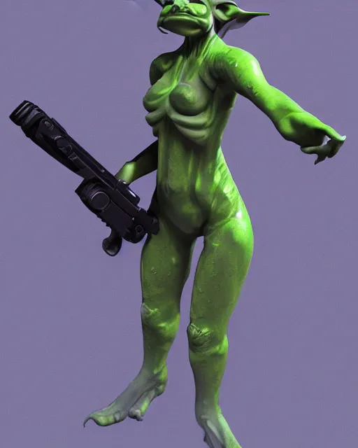 Image similar to futuristic goblin girl holding a laser rifle, sci fi, photorealistic concept art, full body shot, green skin