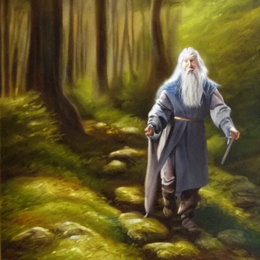 Prompt: Gandalf travelling trough the forest, oil painting