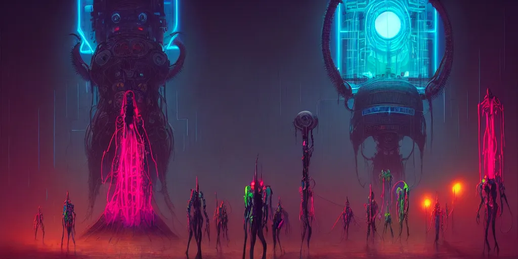 Prompt: witches and robots and indigenous women warriors saving the country from cthulu lovecraftian aliens, neon colors, cyberpunk, concept art by zdzislaw beksinski, cinematic, key art, high quality, hyper realism, high detail, octane render