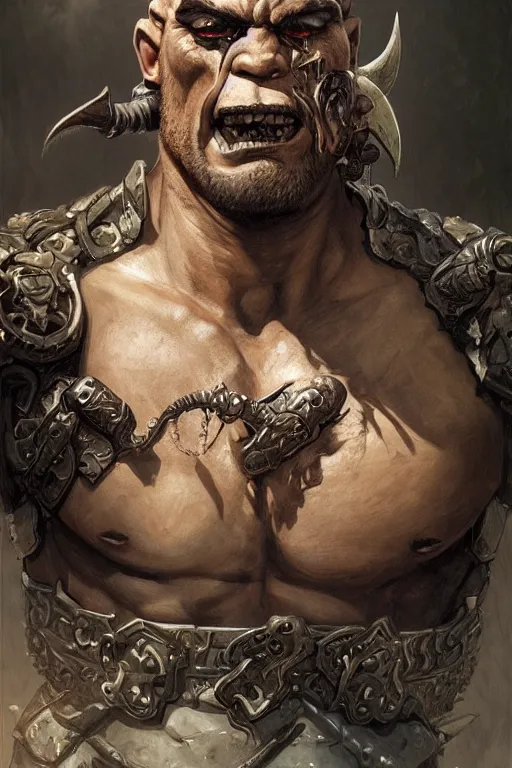 Image similar to portrait of a hulking herculean orc demon barbarian pirate, male, masculine, upper body, belt of skulls, fantasy, frown,, intricate, elegant, highly detailed, digital painting, artstation, concept art, sharp focus, illustration, art by artgerm and greg rutkowski and alphonse mucha