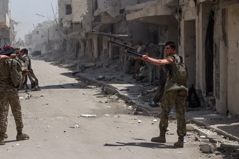 Prompt: first personal view soldier shooting firing back in the street Syria, photojournalism detailed