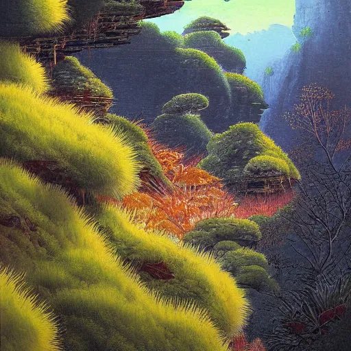 Image similar to detailed painting of a lush natural scene on an alien planet by tojiro oshita. beautiful landscape. weird vegetation. cliffs and water.