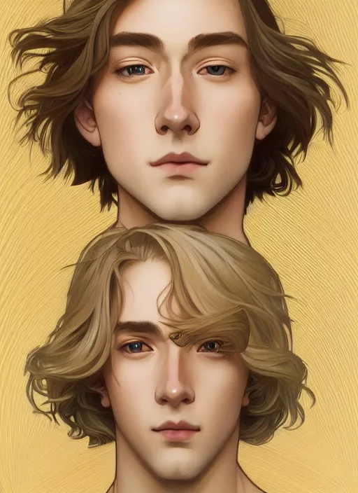 Image similar to pretty young man with shoulder length shiny shimmering golden blond hair, half body shot, path traced, highly detailed, high quality, digital painting, by studio ghibli and alphonse mucha, leesha hannigan, hidari, disney