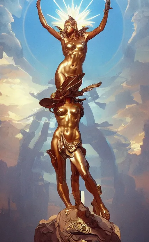 Image similar to cyberpunk four armed statue of the goddess of the sun helios descending from olympus, artstation, concept art, smooth, sharp focus, illustration, art by artgerm and greg rutkowski and alphonse mucha and william adolphe bouguereau and john william waterhouse and gianlorenzo bernini