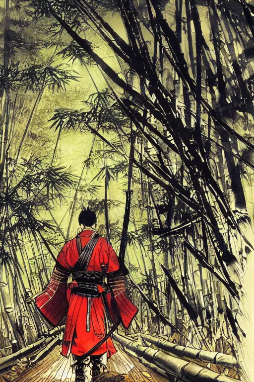 Prompt: samurai general in dark japanese bamboo forest with light shafts, by travis charest, jesper ejsing