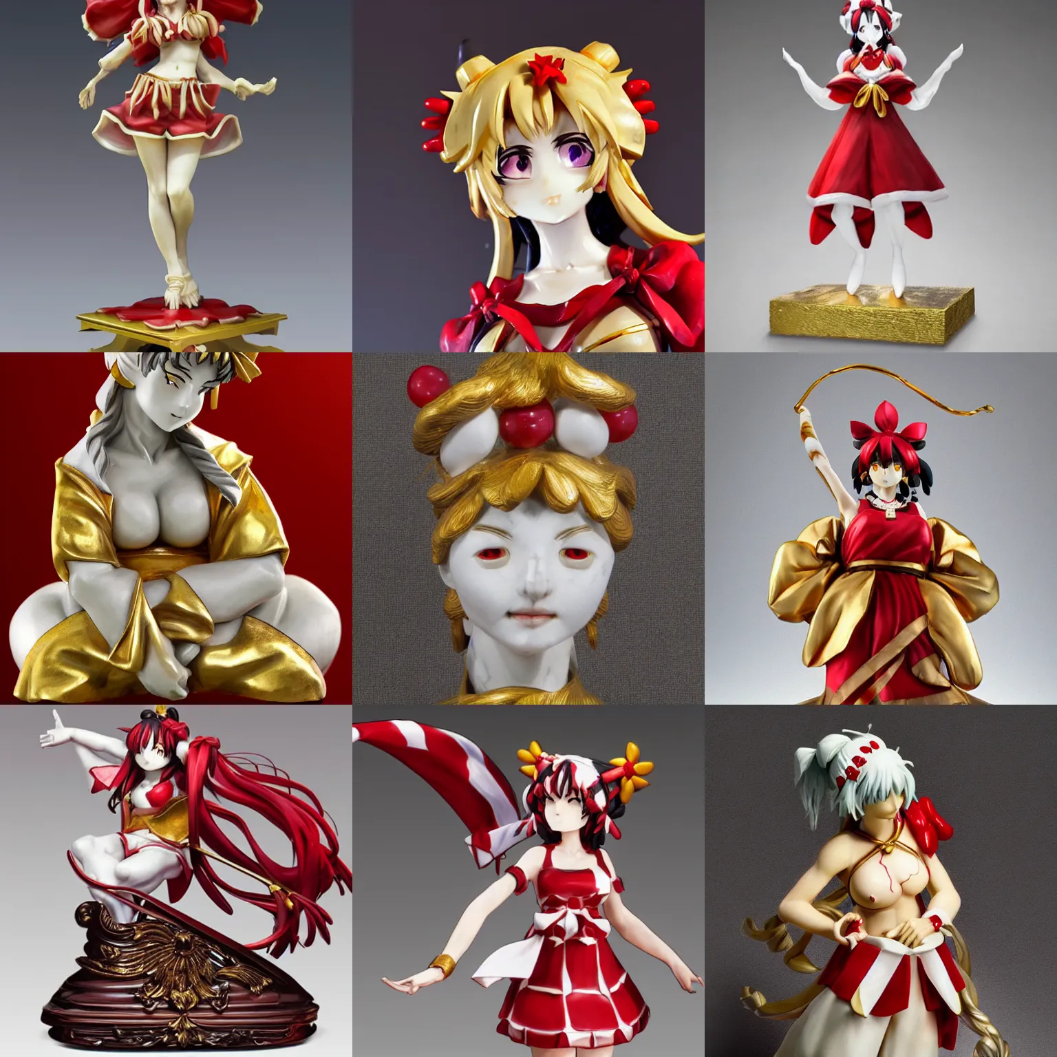Prompt: a sculpture of reimu hakurei, marble, gold, masterpiece, focused, anatomically correct, texture, ultra realistic, hyperrealistic, extreme details