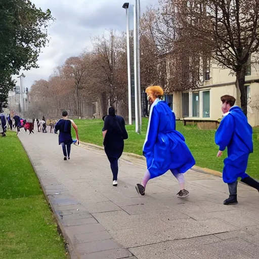 Prompt: university campus on fire. lecturer in blue gown running with bucket of water. folk horror