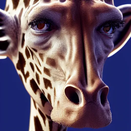 Image similar to a highly detailed portrait of a humanoid giraffe in a blue cloak, artstation, deviantart, professional, unreal engine 5, photorealistic