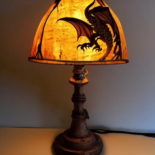 Image similar to a glowing lamp rustic and old looking with worn feel, lamp shade has dragons on it with are silhouetted because of the light, hyper detailed and realistic