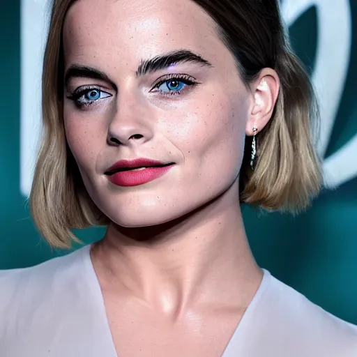 Image similar to a woman who is a genetic combination of margot robbie and emma watson face and upper - body focus