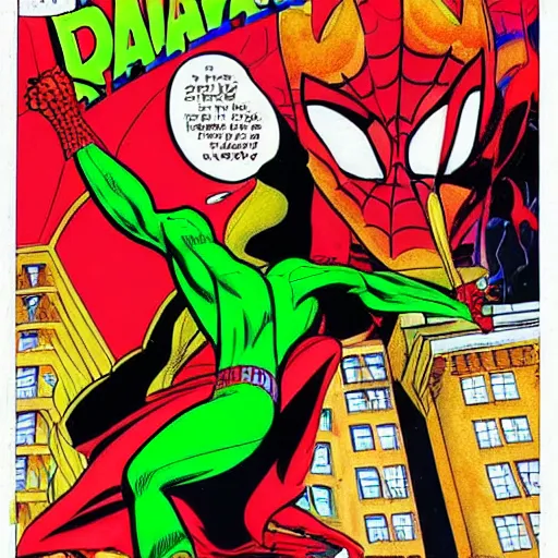 Image similar to comic book art of a green red spider man in Dhaka comic book art by Stan Lee