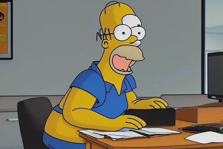 Image similar to Homer Simpson sits at the office table and monitors the fall of Bitcoin and is angry, 3d, CryEngine, 8k, hyperrealism