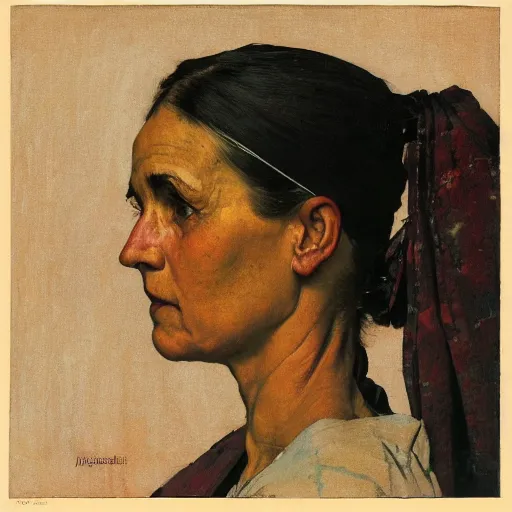 Image similar to frontal portrait of a woman wearing a kasa, by norman rockwell