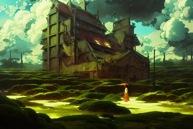 Image similar to baroque oil painting of anime key visual environment concept art of anime overgrown brutalist dark fantasy, rain, rule of thirds, cinematic lighting, fake hidden detail, trending on pixiv fanbox, acrylic palette knife and brush, style of makoto shinkai studio ghibli genshin impact jamie wyeth james gilleard greg rutkowski