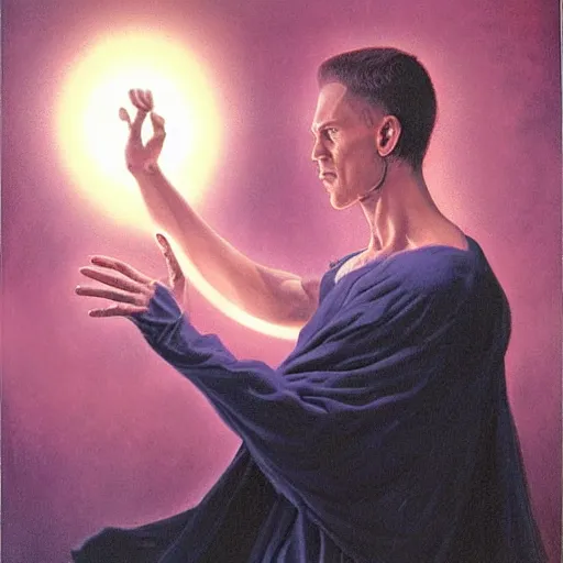 Image similar to a powerful psychic man emitting psychic powers, by gerald brom,