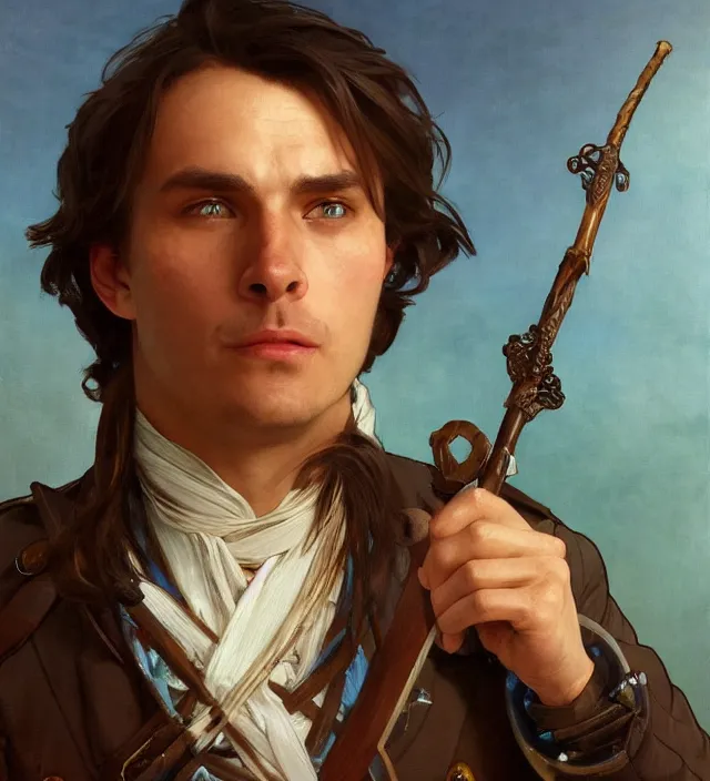 Image similar to candid portrait of a man with brown wavy hair and glowing bright blue eyes, surrounded by blue energy, powering up, wearing a blue traditional colonial military jacket, intricate, holding a spear, highly detailed, digital painting, artstation, concept art, sharp focus, cinematic lighting, illustration, art by artgerm and greg rutkowski, alphonse mucha, cgsociety