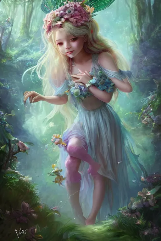 Image similar to a cute fairy in the dreamy forest, fantasy, dreamlike, 8 k resolution, hyper detailed, d & d, character design, digital painting, trending on artstation, sharp focus, illustration, art by viktoria gavrilenko, hoang lap, fuji choko, steve zheng