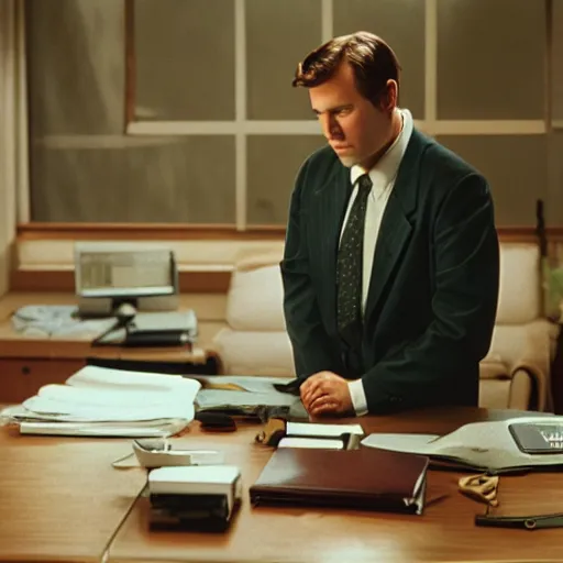 Prompt: cinematic film still from 1 9 9 4 film : portly clean - shaven white man wearing suit and necktie at his desk. he has his right foot propped up on his desk. xf iq 4, f / 1. 4, iso 2 0 0, 1 / 1 6 0 s, 8 k, raw, dramatic lighting, symmetrical balance, in - frame