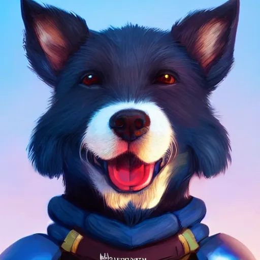 Image similar to portrait of an anthropomorphic puppy knight, puppy face, dark blue fur, angry look, ready for battle, mattepainting concept blizzard pixar maya engine on cold night stylized background splash comics global illumination lighting artstation lois van baarle, ilya kuvshinov, rossdraws