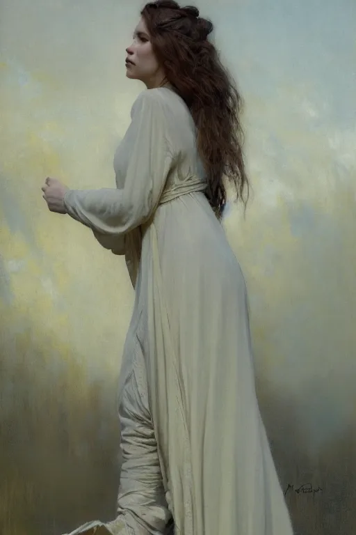 Image similar to a full body portrait of a good - lookiung girl wearing long loose gown, high detail, cleary see face, by gaston bussiere, bayard wu, greg rutkowski, odd nerdrum, maxim verehin, dan dos santos, masterpiece, sharp focus, cinematic lightning